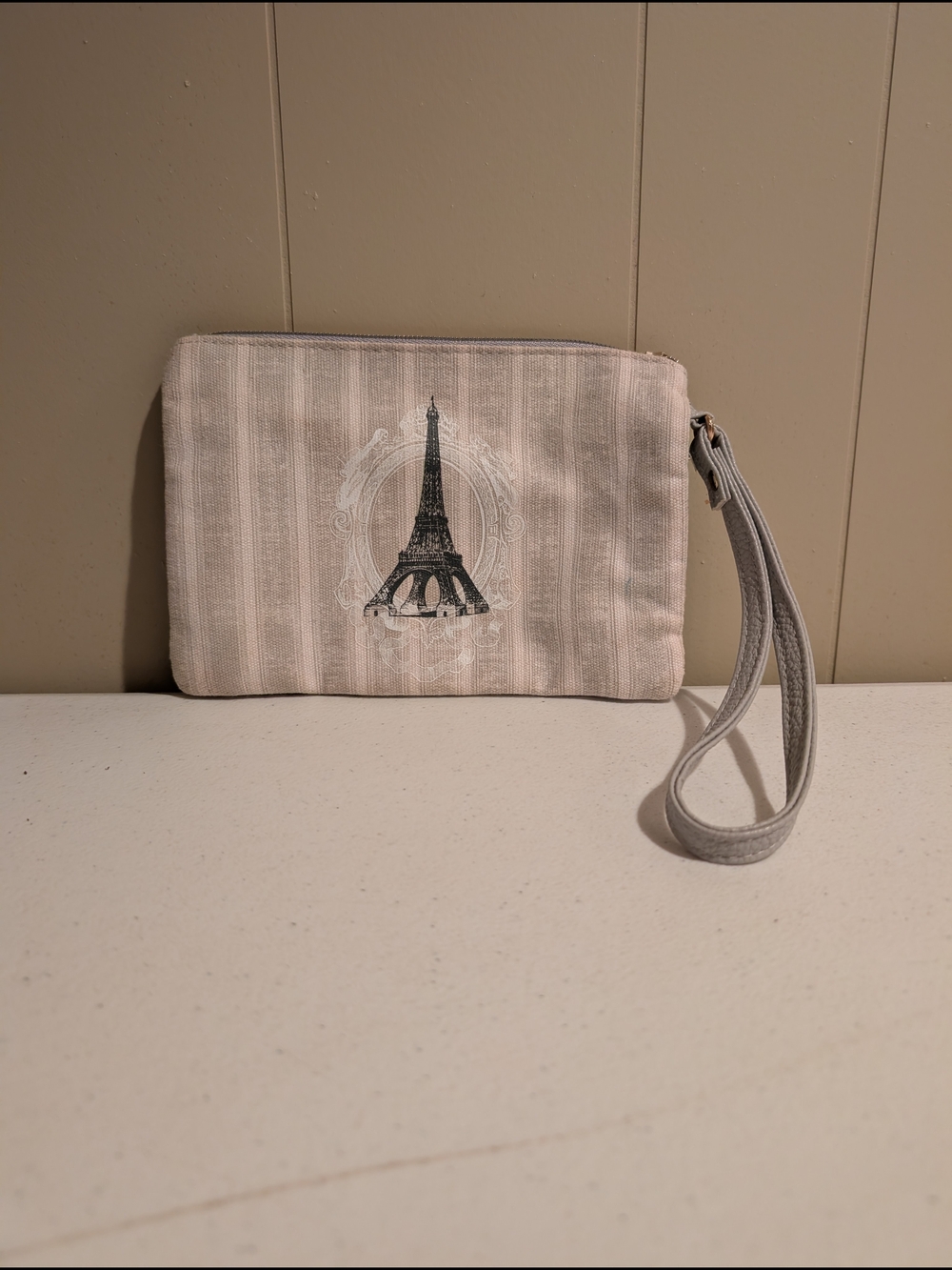 Beige Eiffel Tower Wristlet Pouch